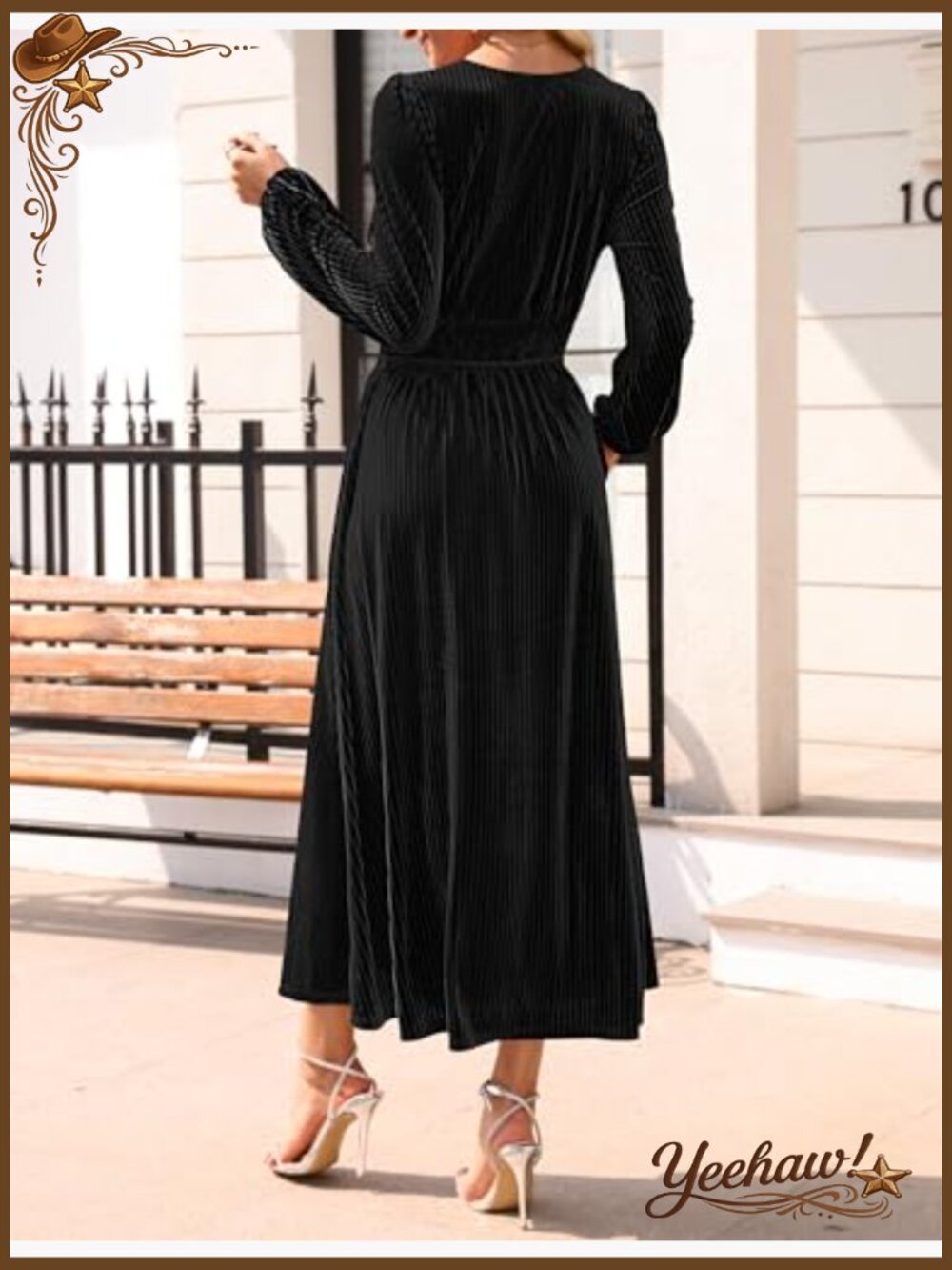 Velvet Midi Dress Long Sleeve V Neck Elastic Waist Flowy Formal Evening - Picture 5 of 7